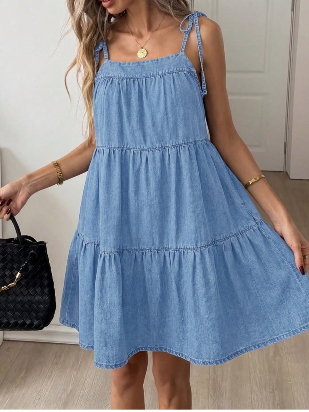 Western Light Wash Denim Adjustable Straps Ruffle Hem Dress - Picture 1 of 5